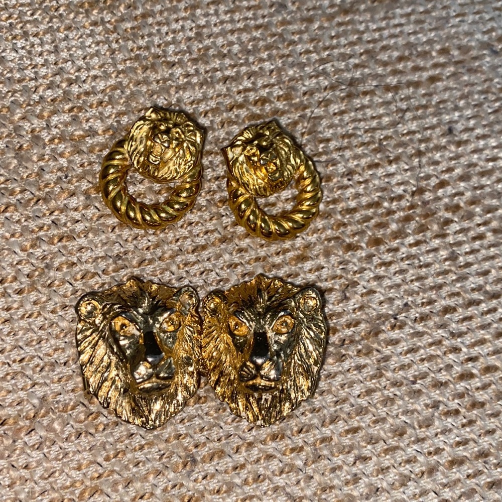 Vintage Lion Heads Belt Buckle and Earrings